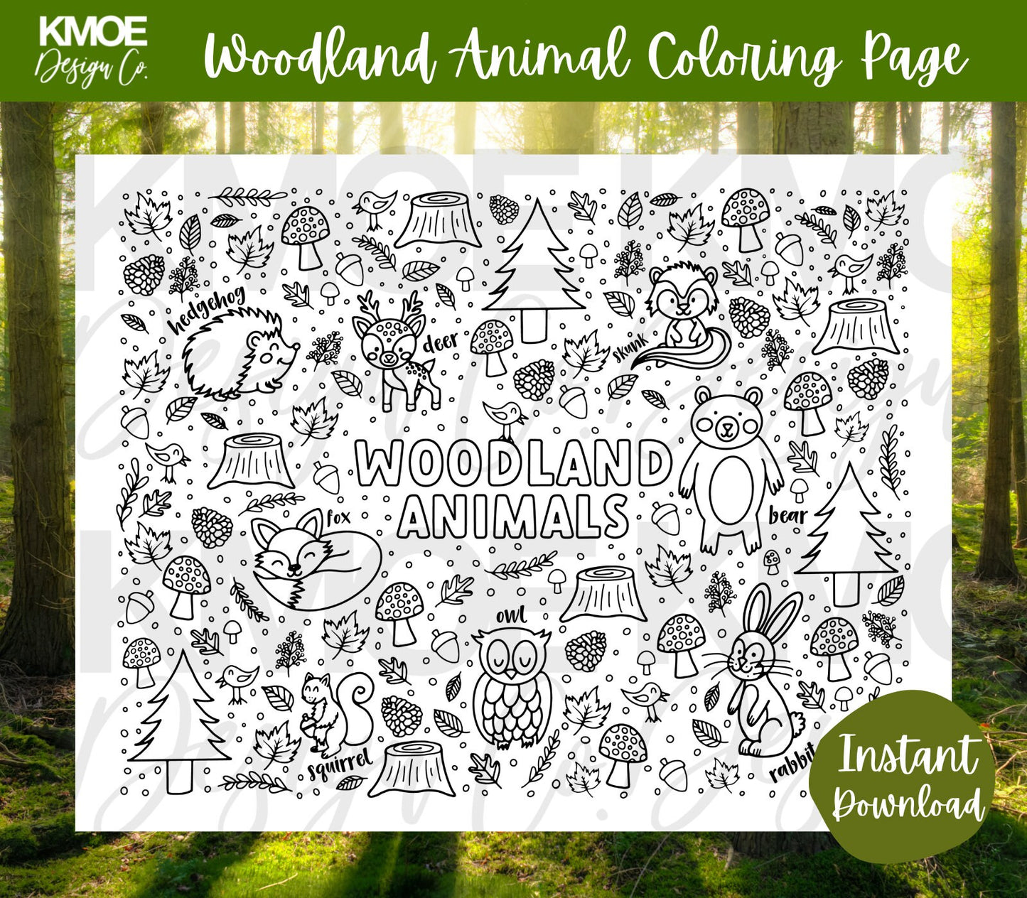 Woodland Animal coloring page Printable coloring book coloring pages for kids kids activity woodland forest fox owl bear hedgehog doodle