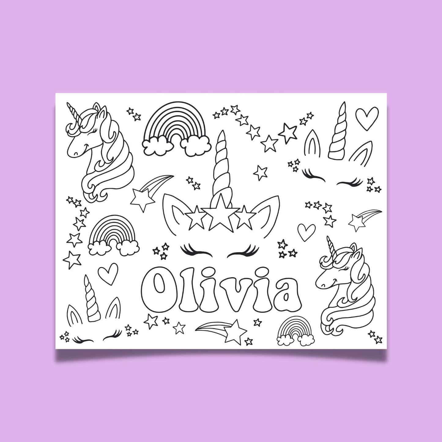 Unicorn Coloring Page Unicorn Birthday Party Custom Personalized Cute unicorn girl birthday sparkle rainbow stars kids activity 1st birthday
