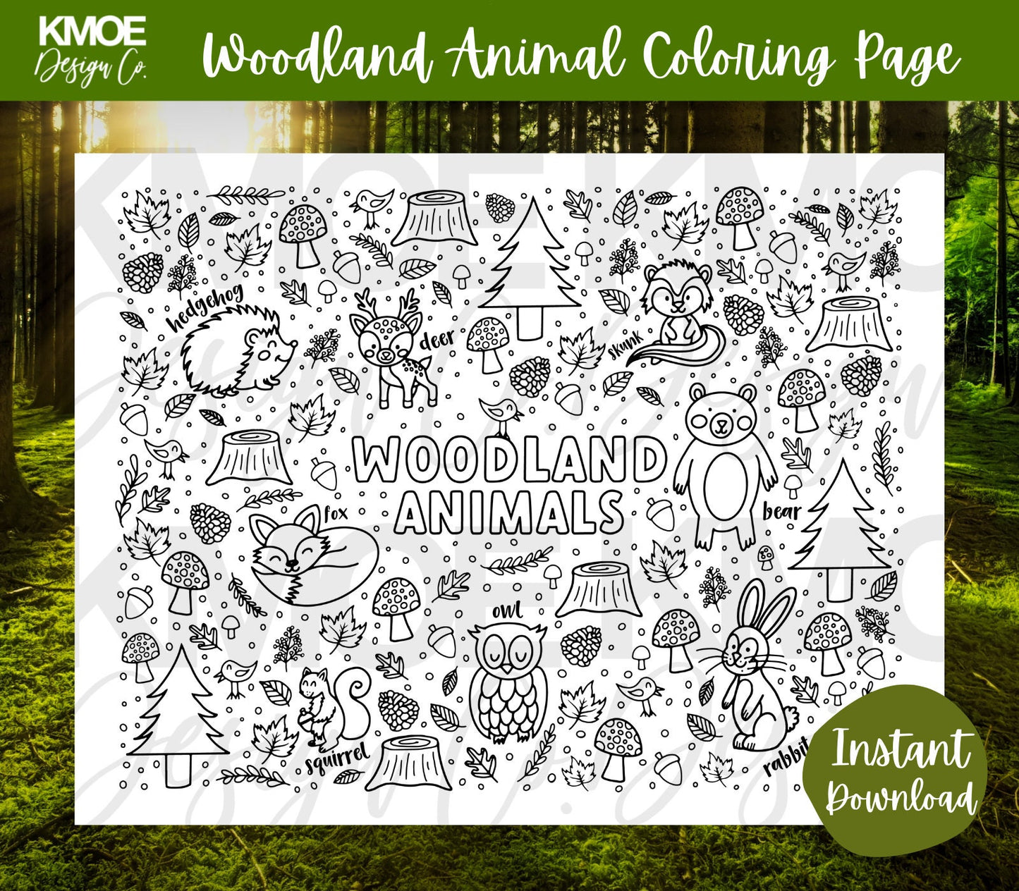 Woodland Animal coloring page Printable coloring book coloring pages for kids kids activity woodland forest fox owl bear hedgehog doodle