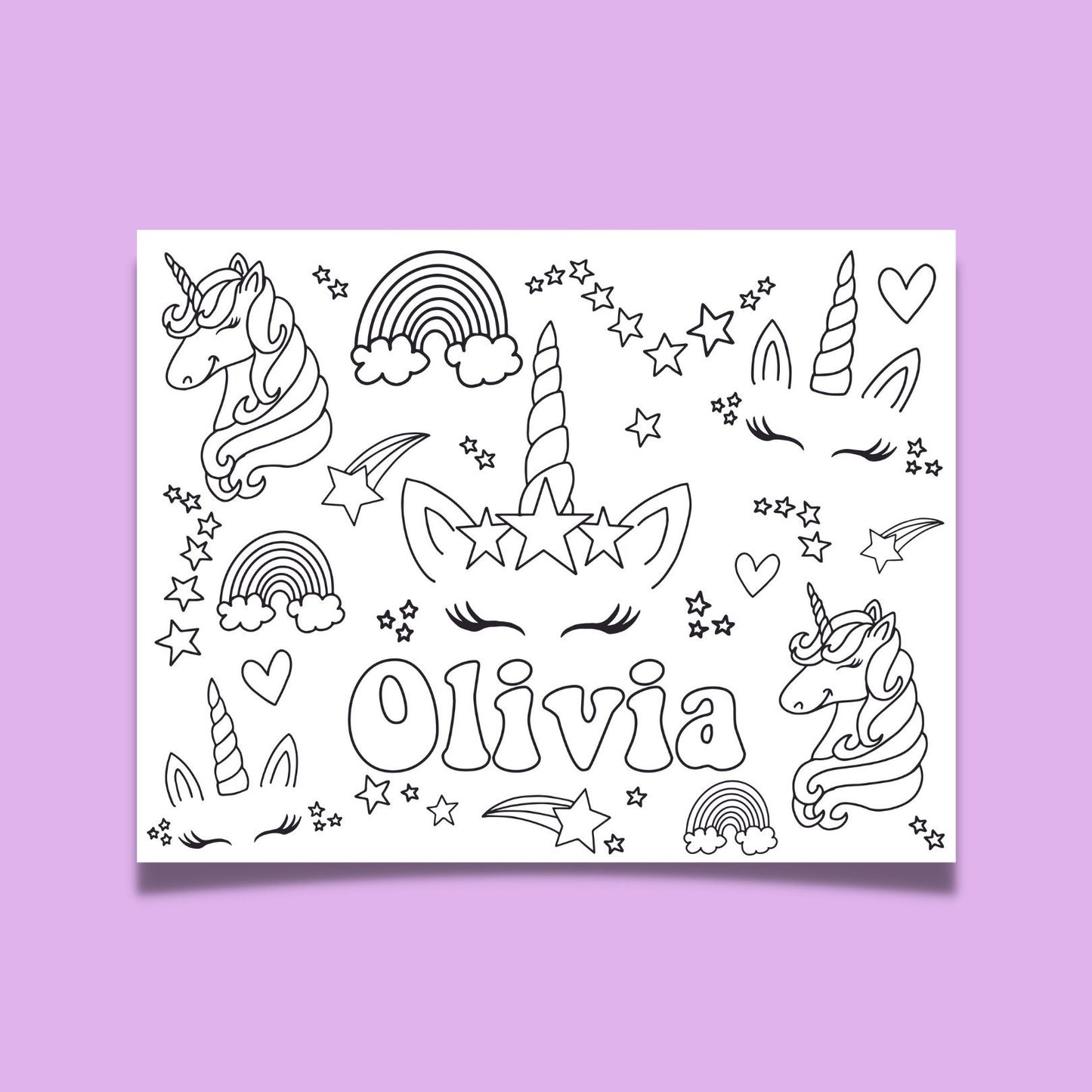 Unicorn Coloring Page Unicorn Birthday Party Custom Personalized Cute unicorn girl birthday sparkle rainbow stars kids activity 1st birthday