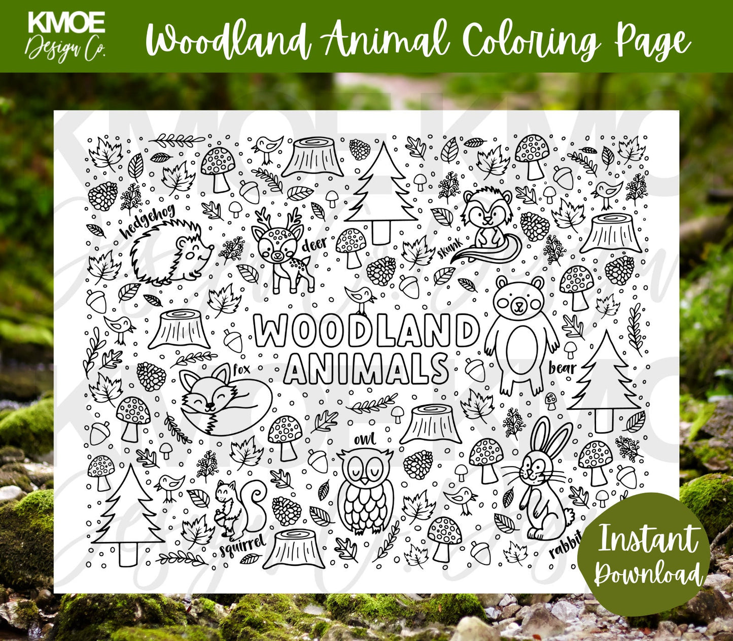 Woodland Animal coloring page Printable coloring book coloring pages for kids kids activity woodland forest fox owl bear hedgehog doodle