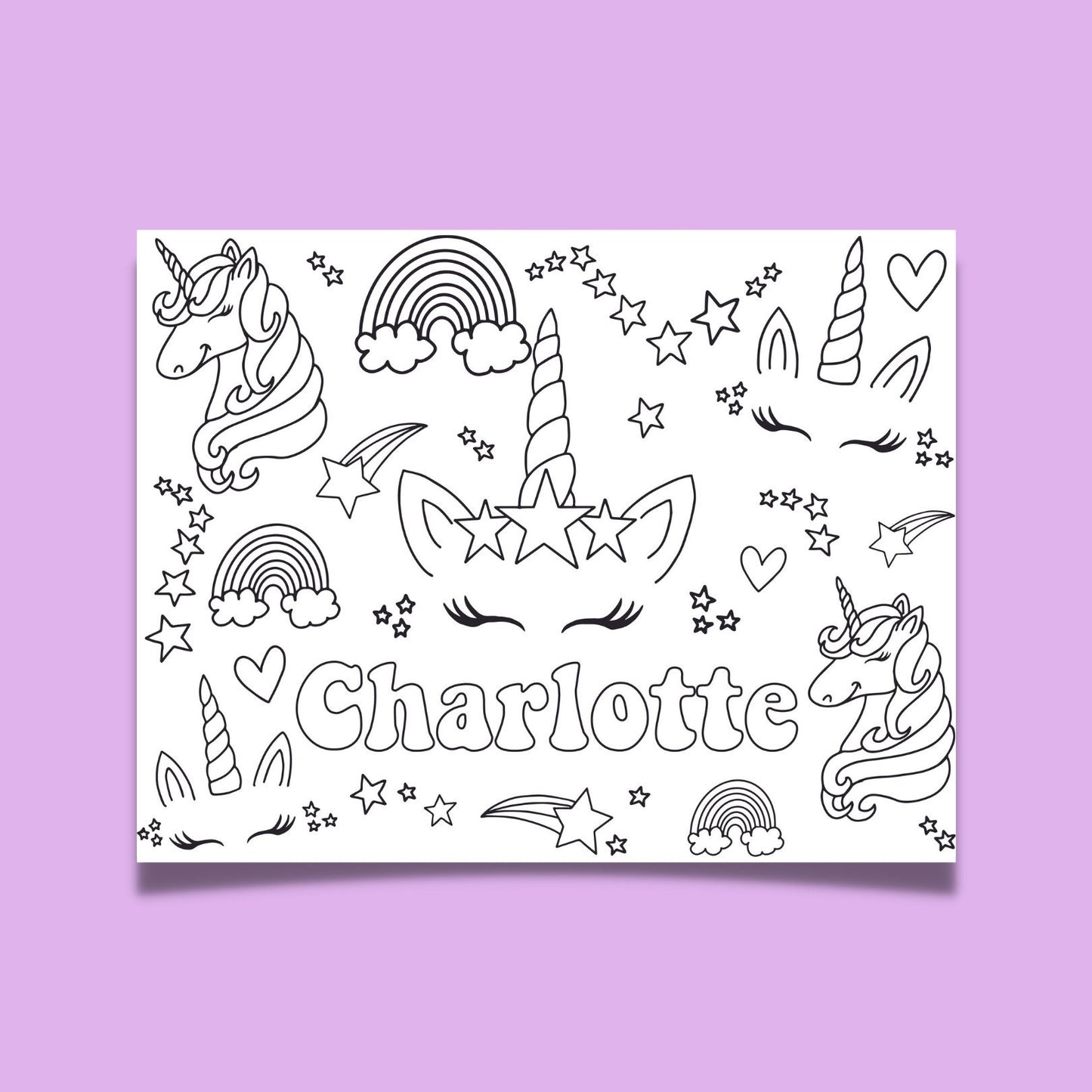 Unicorn Coloring Page Unicorn Birthday Party Custom Personalized Cute unicorn girl birthday sparkle rainbow stars kids activity 1st birthday