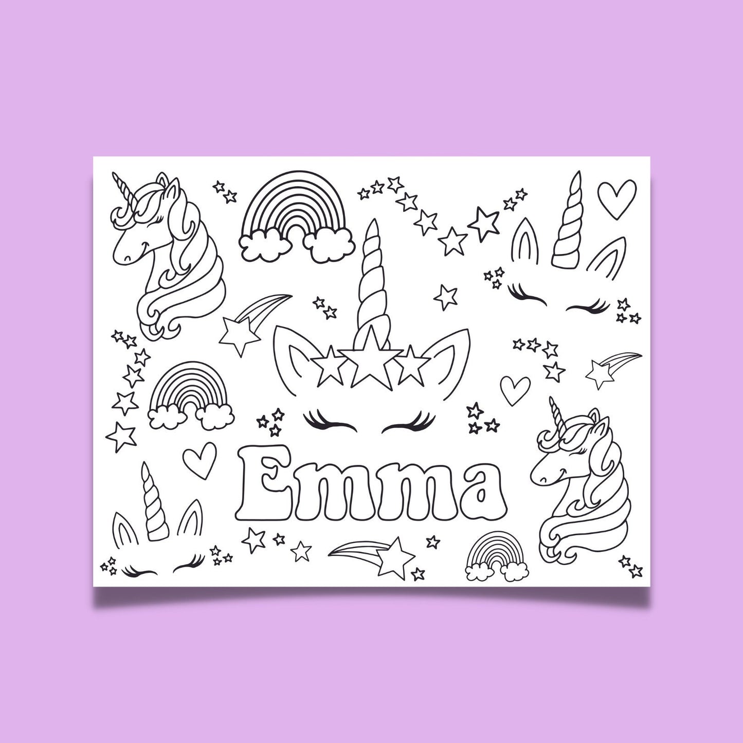 Unicorn Coloring Page Unicorn Birthday Party Custom Personalized Cute unicorn girl birthday sparkle rainbow stars kids activity 1st birthday