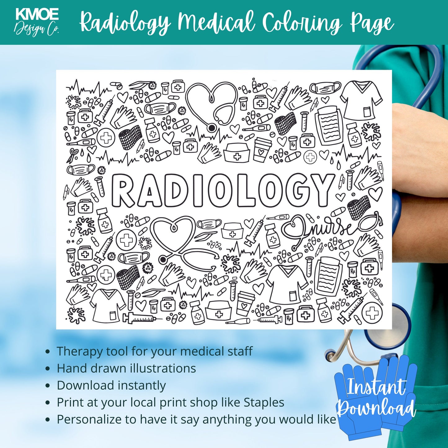 Radiology Coloring Page Nurse Appreciation Gift adult coloring book medical coloring medicine doodle printable digital download healthcare