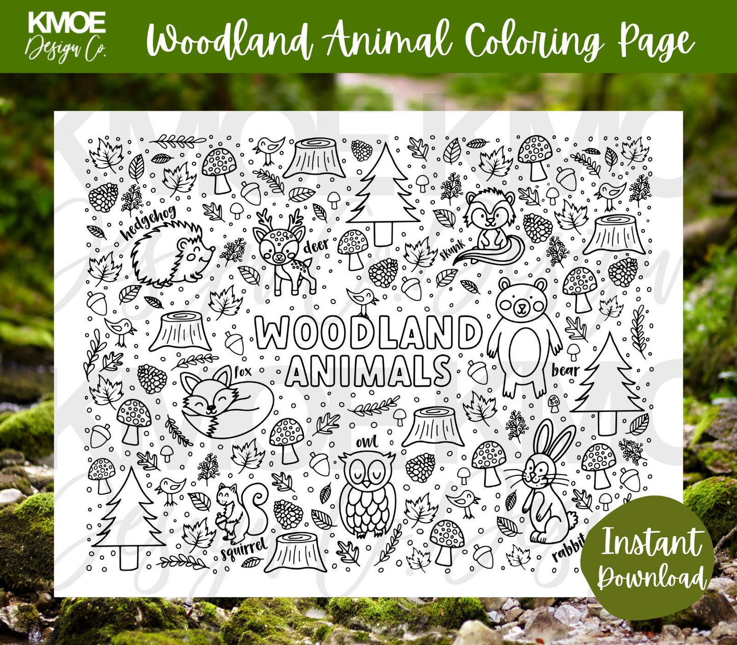 Woodland Animal coloring page Printable coloring book coloring pages for kids kids activity woodland forest fox owl bear hedgehog doodle